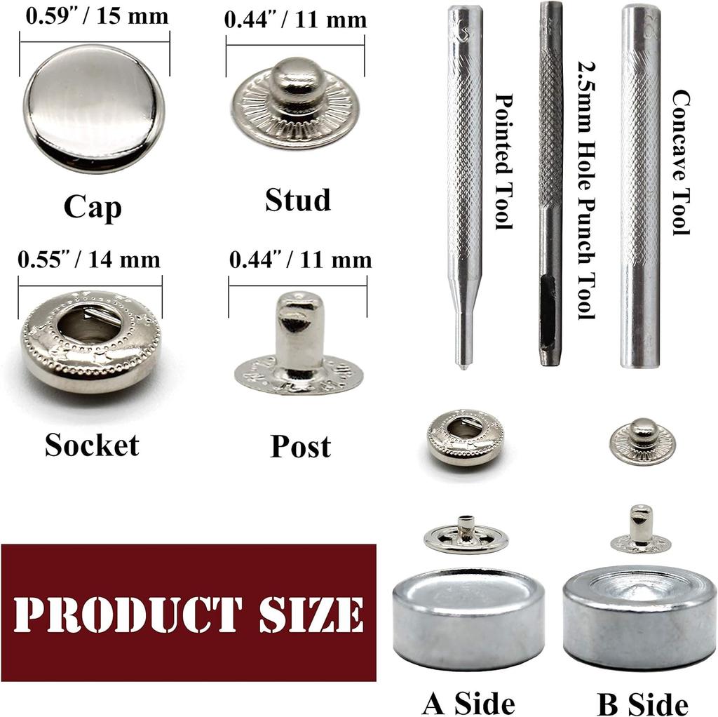 12 Conjuntos Kit Premium de Botões de Pressão de Latão Resistentes para Couro, Kit de Botões de Pressão de Metal 15mm Rebites e Botões de Pressão para Couro fo