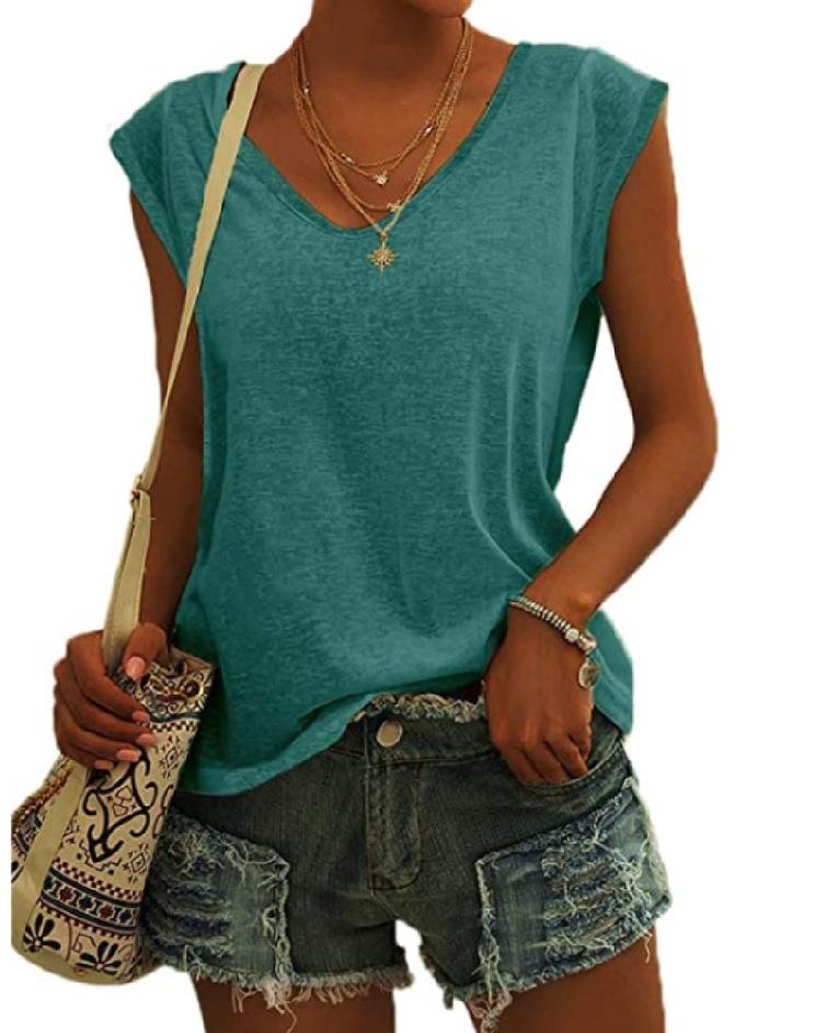 T-shirt estiva tinta unita con scollo a V, top da donna allentato, resistente all'usura, confortevole