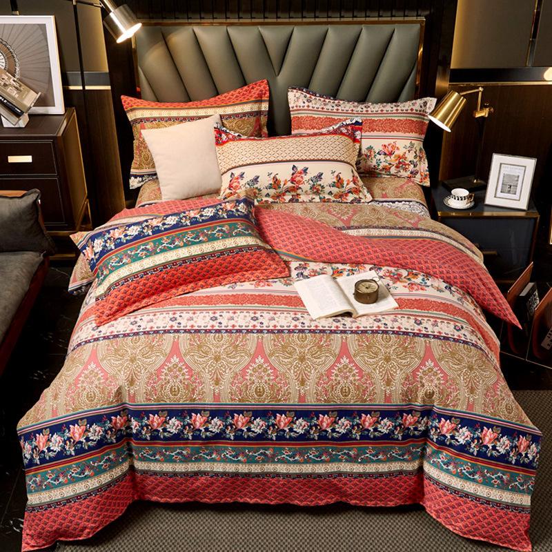 Set din patru piese din bumbac îngroșat și abradat, husă de pilota cu imprimeu, din bumbac pur, de lux, ușoară, cu abraziune, set de cearșaf de pat 4 piese