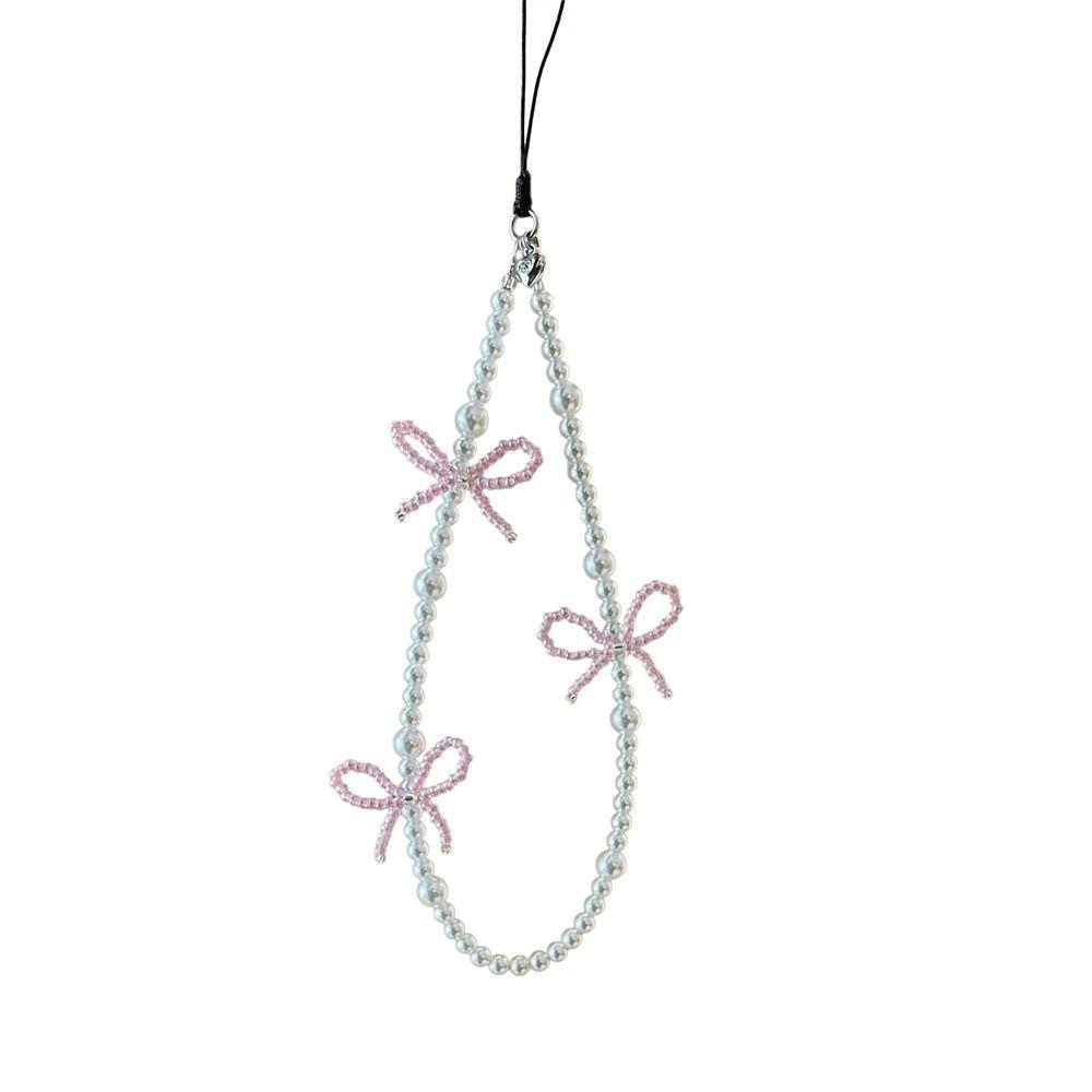 Korea Pink Bowknot Pearl Pendant Beaded Rope Strap New Phone Accessrioes