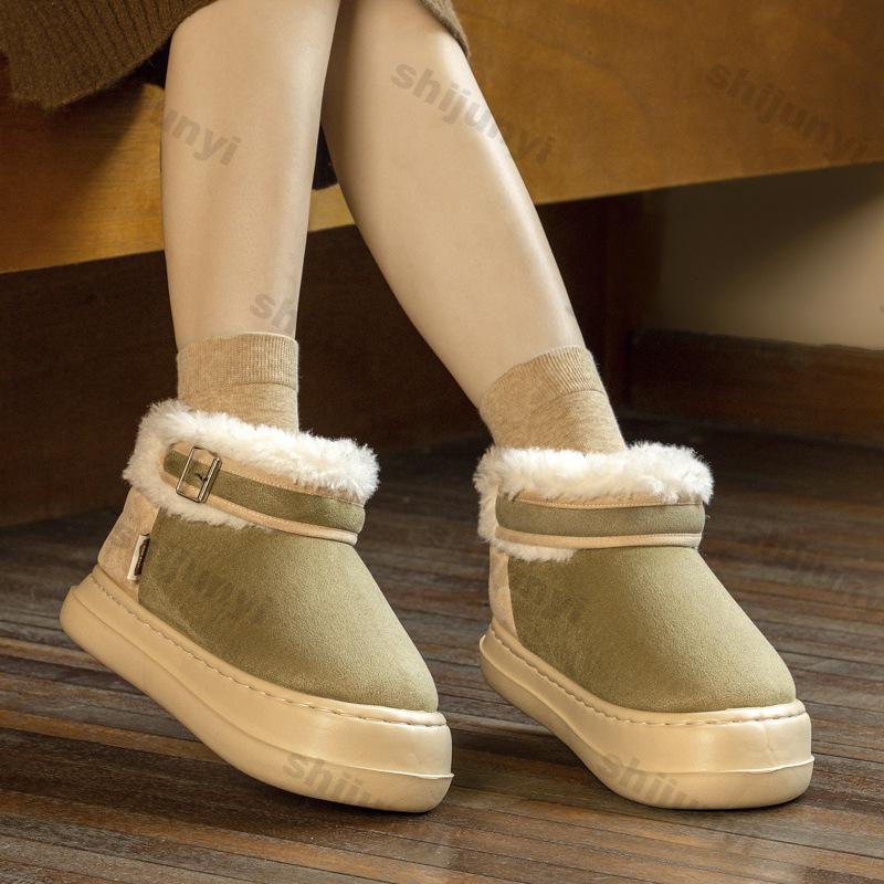 Fashion Women's Platform Cotton Boots 2025 Winter New Plush Fluffy Height Increase Snow Shoes Comfortable Fashion Buckle Strap Flats