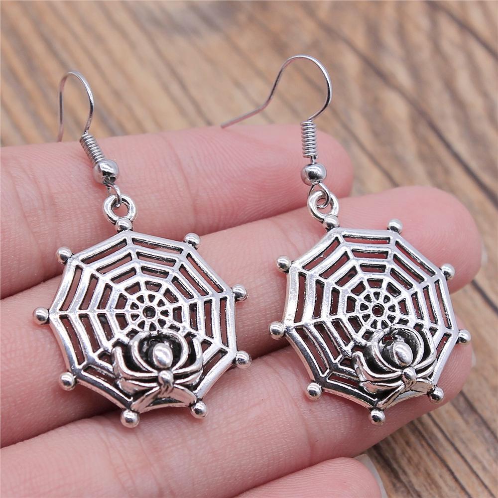 Spider Drop Earring Vintage Antique Silver Color Antique Bronze Color Cobweb Dangle Earring For Women