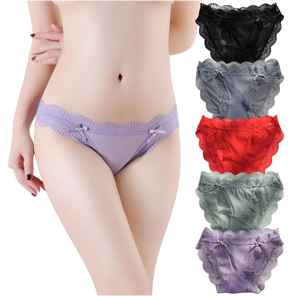 TUOTISI Cute Sheer Sexy Pack of 5 Women's Full-Back Panties, Underwear, Lace, See-Through Ribbon, Lingerie, Low-Waist Mesh, (Size M)