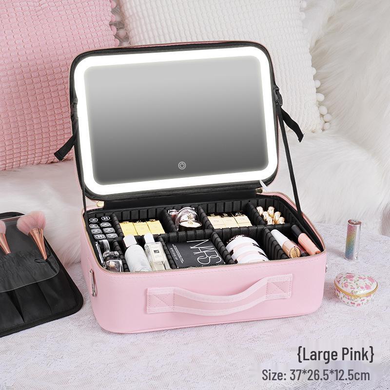 Make-up-Tasche mit großer Kapazität, Spiegel, Licht und herausnehmbaren Trennwänden - Tragbarer Reise-Kosmetikbeutel