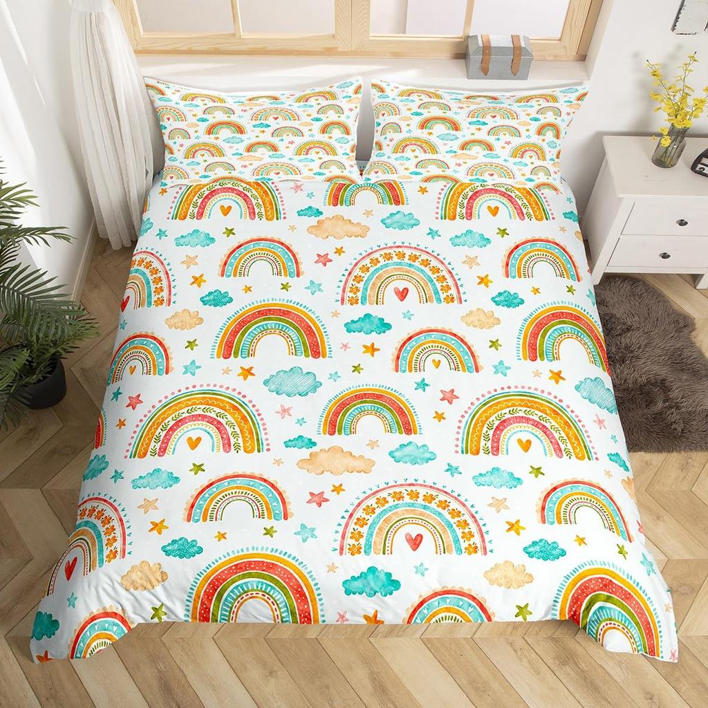 Kids Cartoon Rainbow Duvet Cover Twin Queen Cute Butterfly Flower Leaves Bedding Set for Girl Boys Dream Catcher Comforter Cover