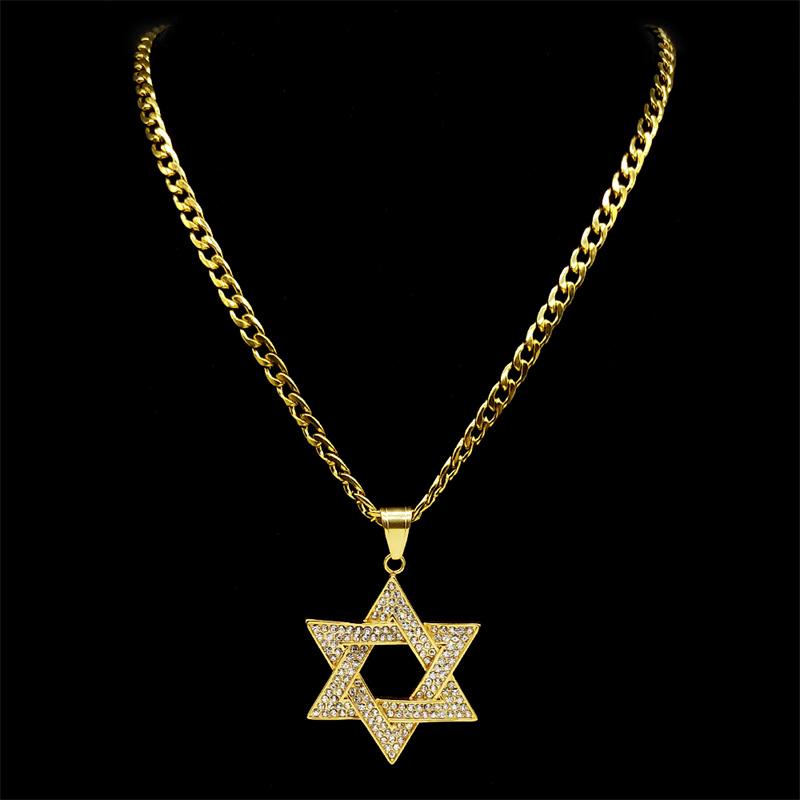Fashion Sparkling Rhinestone David Pendant Necklace Stainless Steel Gold Color Hexagram Gift Star Shape Jewelry 7619-4