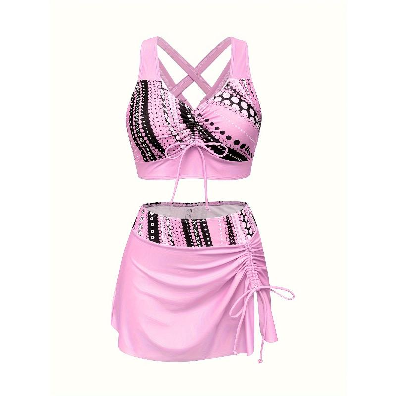 Women's Floral Print Tankini Swimsuit Set - Cross-Border Split Swimsuit Dress Three-Piece Set with Flying Edge Bikini, European and American Swimwear