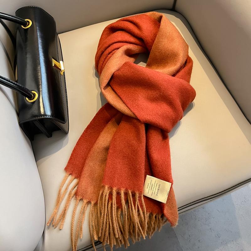 Gradual change color pure wool scarf women's winter versatile tassel long double-sided color large shawl dual-purpose new