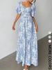 New Long Dress, Summer Idyllic Fashion Elegant Printed Long Square Neck Bubble Sleeve Dress