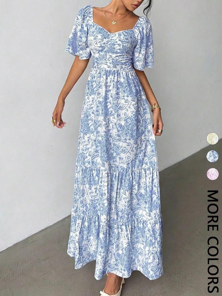 New Long Dress, Summer Idyllic Fashion Elegant Printed Long Square Neck Bubble Sleeve Dress