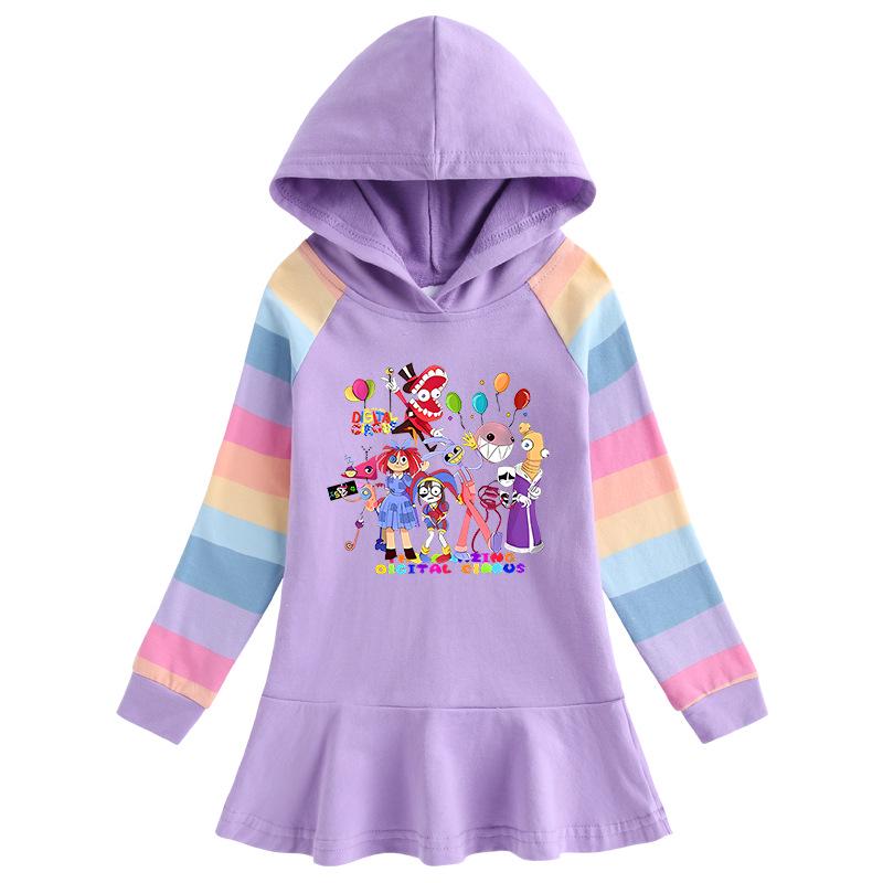 2026 Spring/Autumn Ruffle Rainbow Cartoon Girls' Long Sleeve Hooded Sweatshirt Dress