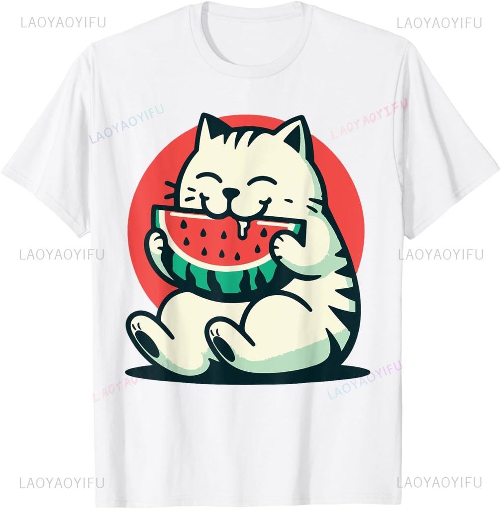 Cute Funny Cat On Watermelon Meme T Shirt Men Women ONeck Fashion Short Sleeve Tshirts Retro Harajuku Oversized Tshirt