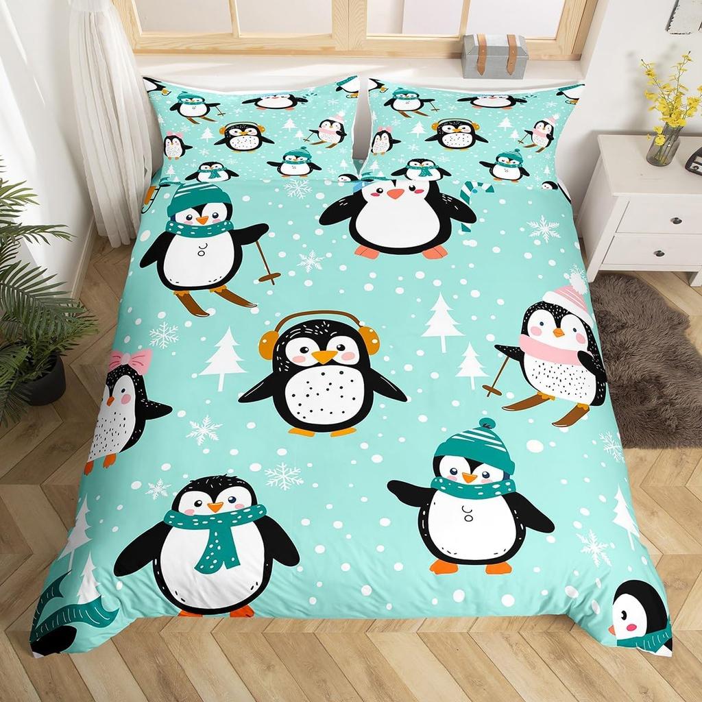 Penguin Bedding Set Galaxy Starry Sky Comforter Cover for Boys Girls Cartoon Penguin Duvet Cover Cute Antarctic Animal Bed Set