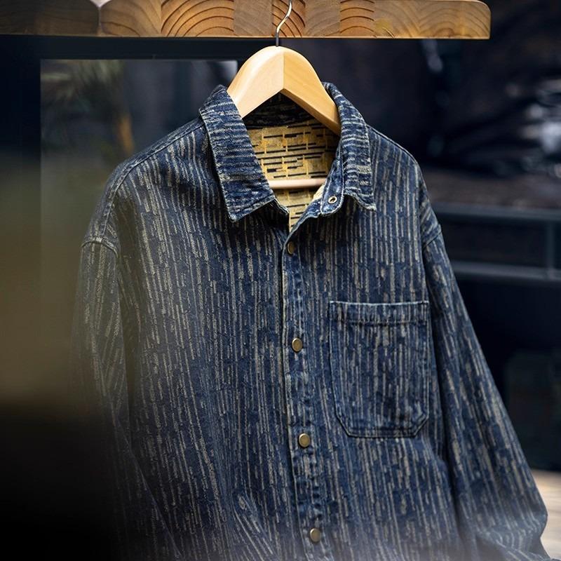 Men's Blue Striped Denim Long Sleeve Shirt Casual Pocket Detail Oversized Streetwear Top