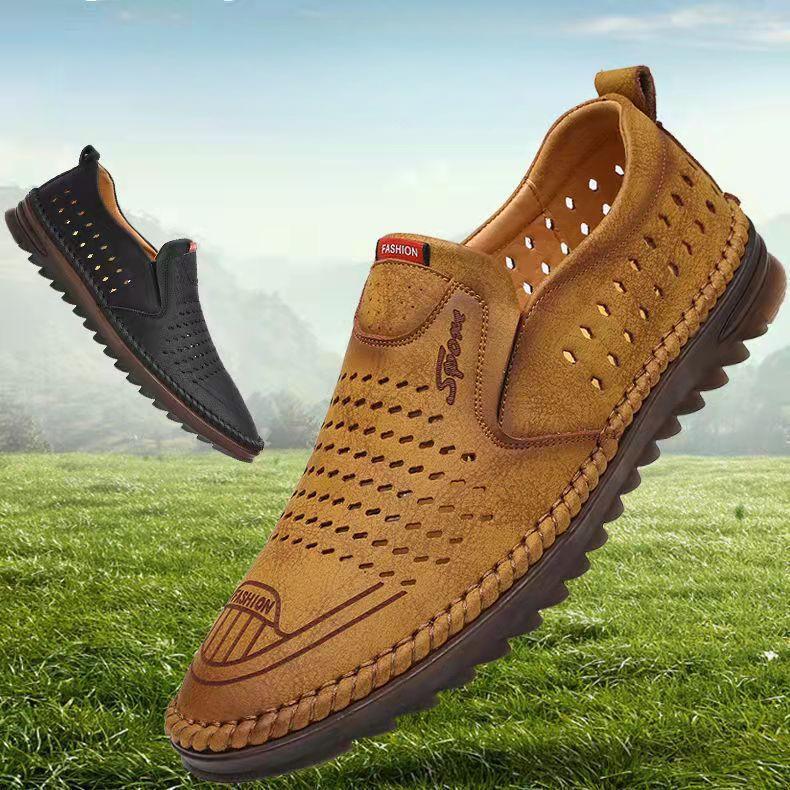 Frühlings- und Sommer Einfache Herren-Freizeitledersandalen Herren-Slipper Ausgehöhlte Schwarze Fahrschuhe Leder Herrenschuhe