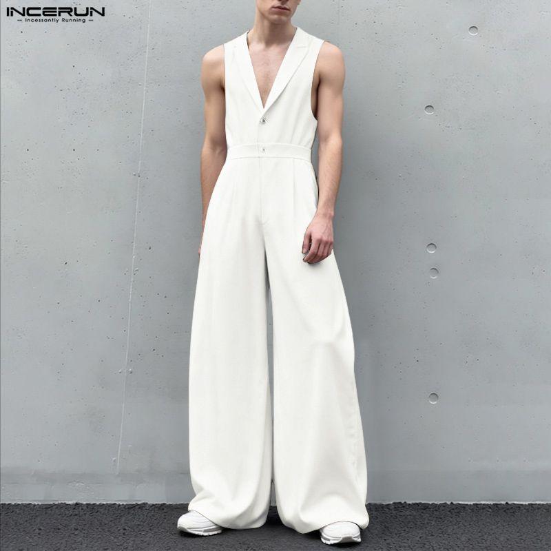 INCERUN Men Lapel Neck Sleeveless Button Up Casual Loose Long Rompers Jumpsuits