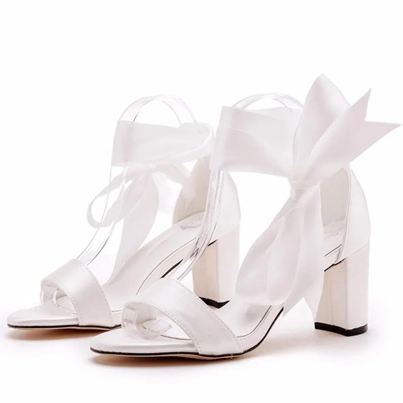Summer Shoes For Women Sandal Silk 7CM Square Heel Riband Ankle Strap Bride Wedding Women's Shoe Ivory Evening Dress Pumps