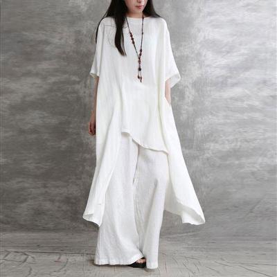 Conjunto de traje de dos piezas de verano con blusa larga irregular y pantalones de moda retro para mujer