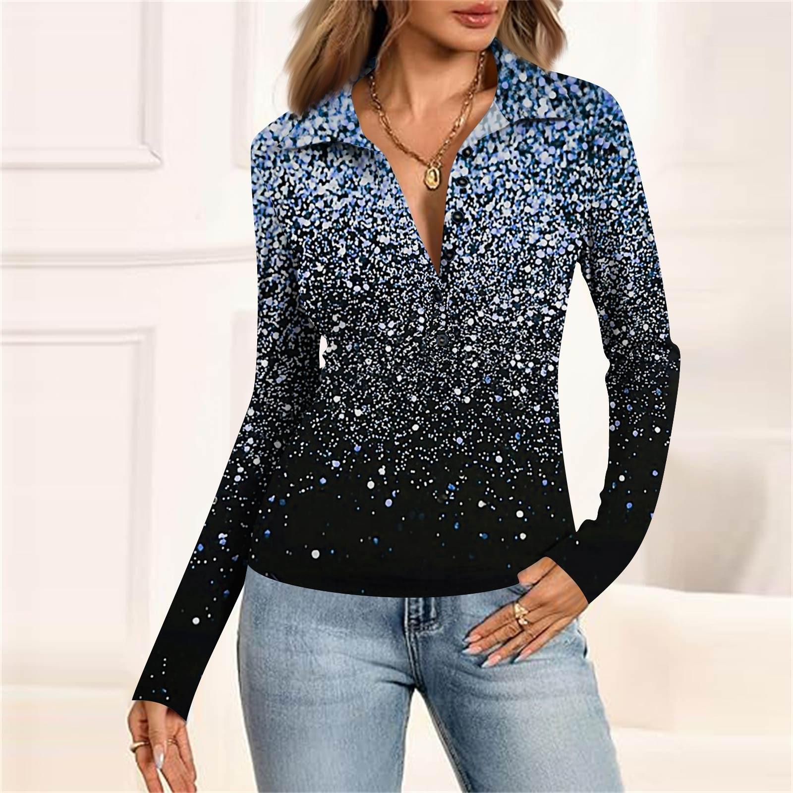 

Женская мода Повседневный принт V-образный вырез Длинный рукав Застегивающаяся на пуговицы блузка S синий
