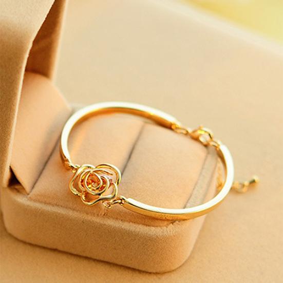 Women Golden Flower Crystal Rose Bangle Cuff Chain Bracelet Chic Jewelry Present
