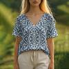 Summer Women's T-Shirt Floral Pattern Bohemian Style Casual Short-Sleeved V-Neck Loose Women's Clothes