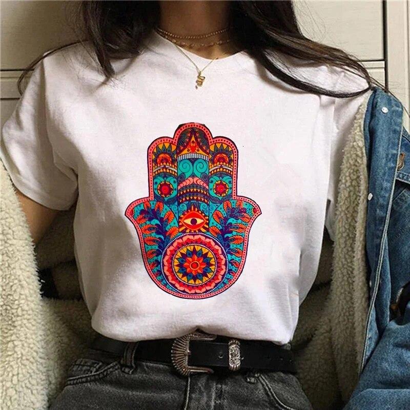 Hamasa Hand of Fatima Tryck WoUnisex T-shirts Lyckobringande Hamsa Hand Harajuku Unisex T-shirts Sommar Kort Ärm Svart Topp T-shirts FeUnisex Unisex