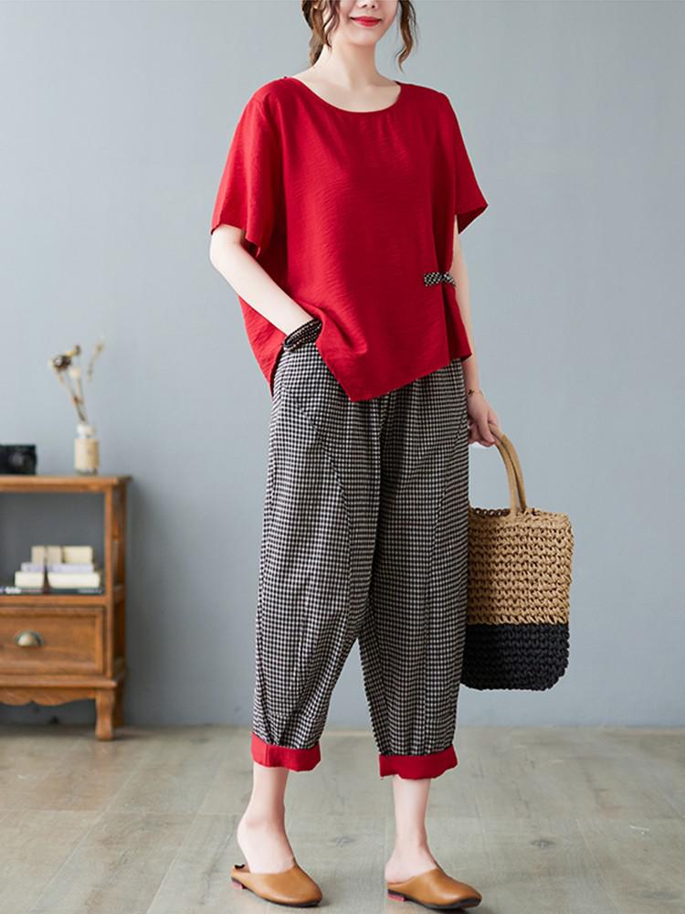 New Arrival 2 Piece Sets Women Casual T-shirt And Ankle-length Pants Summer Vintage Style Loose Female Pant Suits