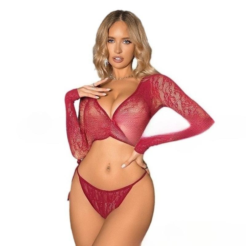 European and American Women's Plus Size Sexy Mesh Dress Lace See Through Outfit Sexy Bikini Set T-pants Tie Up