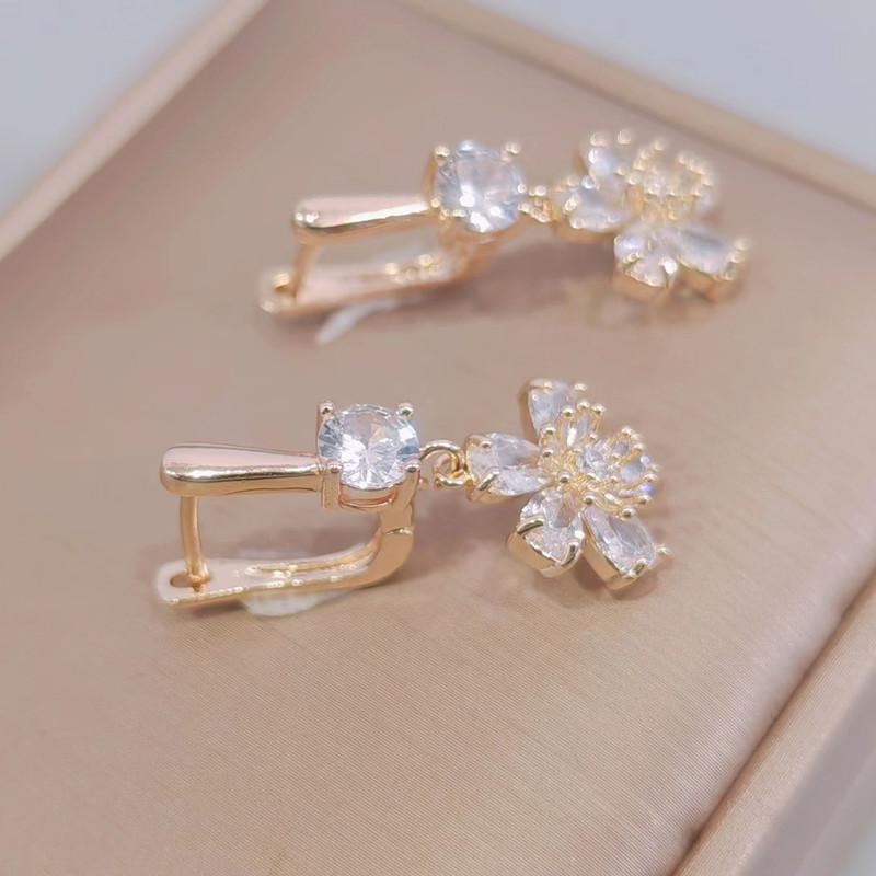 Boucles d'oreilles en forme de fleur pour femmes, nouveauté 2023, couleur or, cristal, zircon, pendantes, accessoires de fête tendance