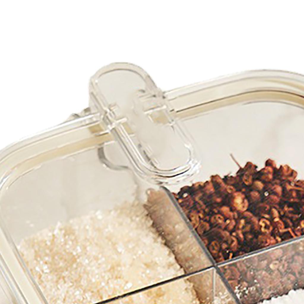 4 Grid Clear Seasoning Box Kitchen Spice Pot Condiments Storage Container with Cover and Spoon