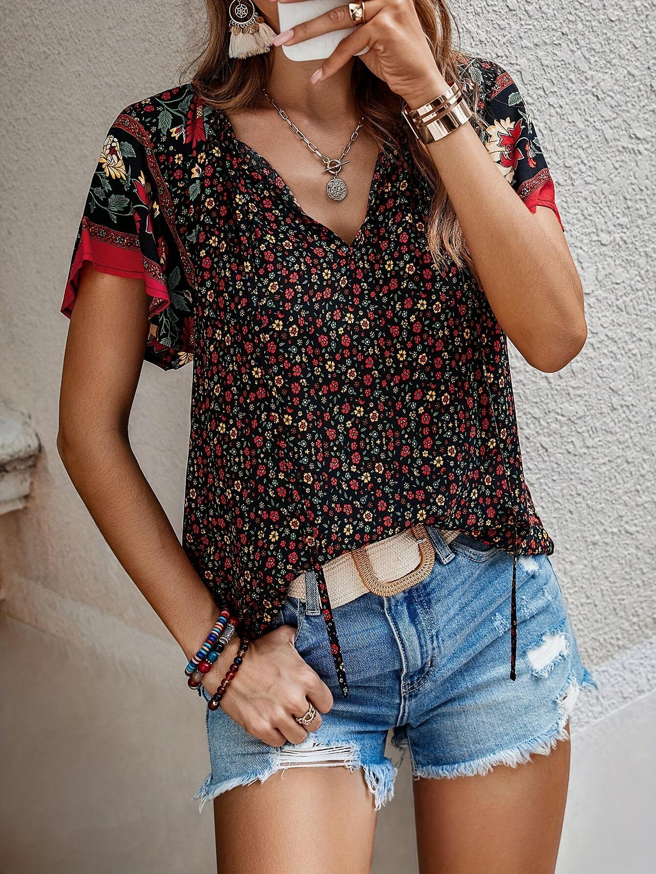 European and American Floral Print Women s Short Sleeve Shirt Large цветочный