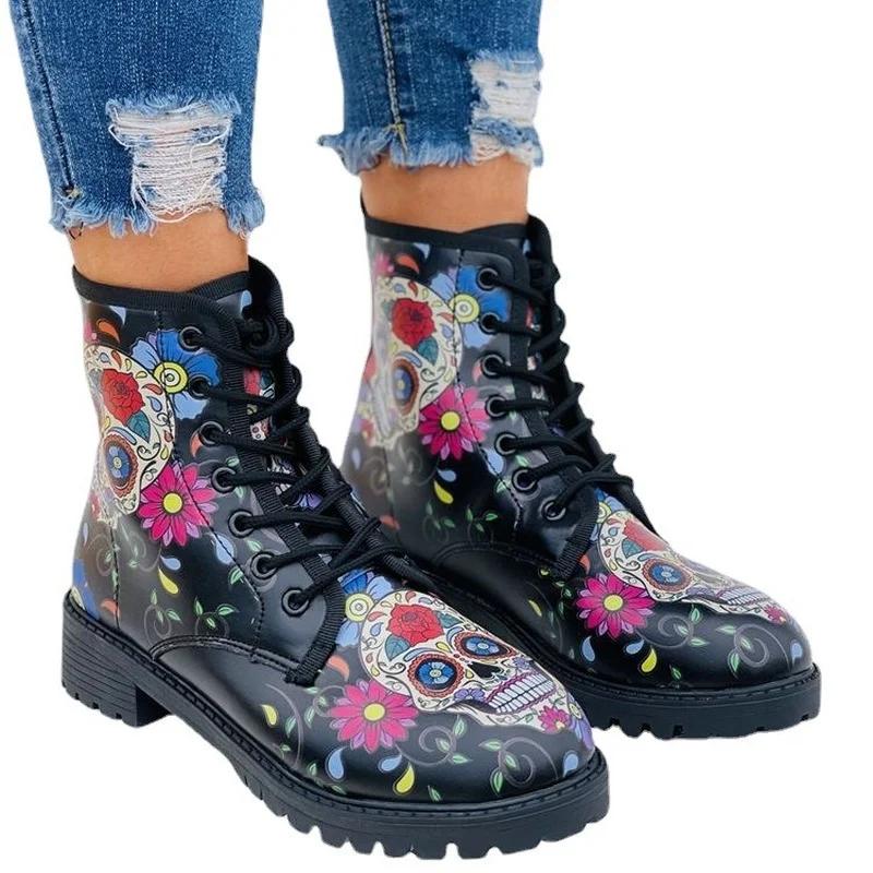 Digital Print Autumn Lady High Top Skull Pattern Boot  British PU Women's Fashion Tooling Boots Outfdoor Woman Ankle Booties