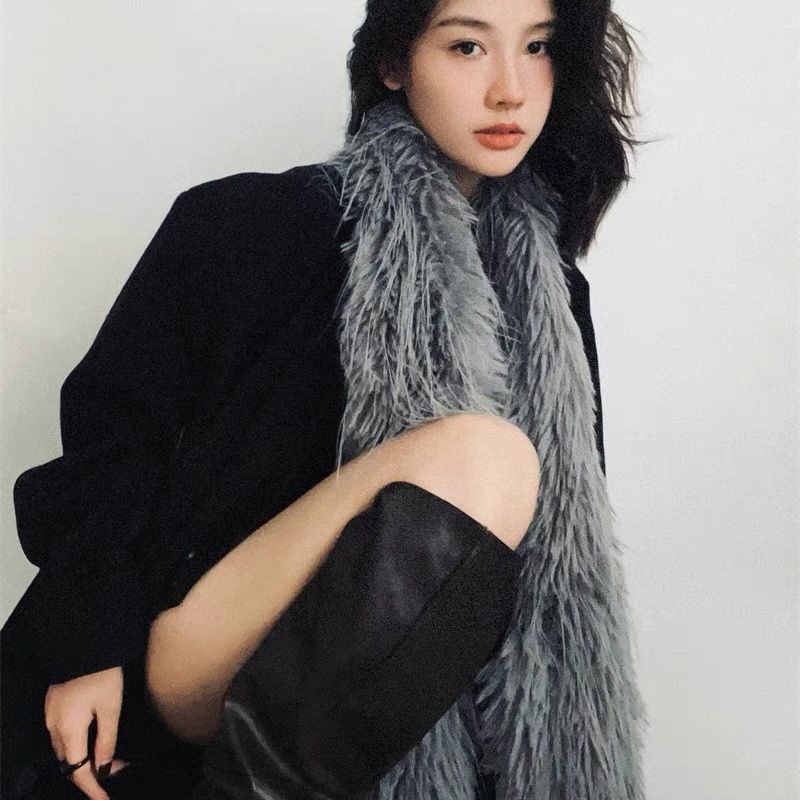 Premium Pull Full Plush Scarf Femininity Solid Color Thickened Warm Scarf Fur Shawl