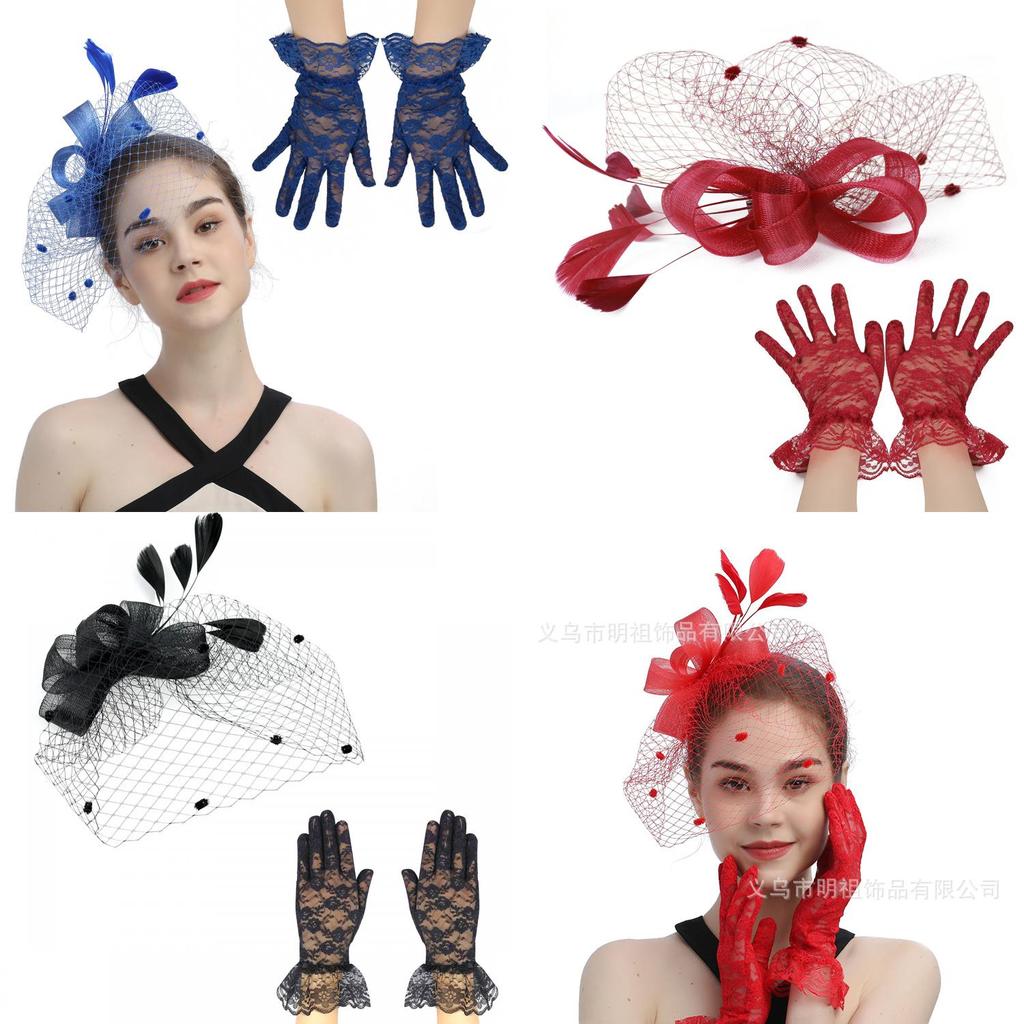 Oberoende Förpackning Spetshandskar Och Vintage Slöja Pannband Set För Bröllop Rese Souvenirer Personal Förmåner Ha5082 Set