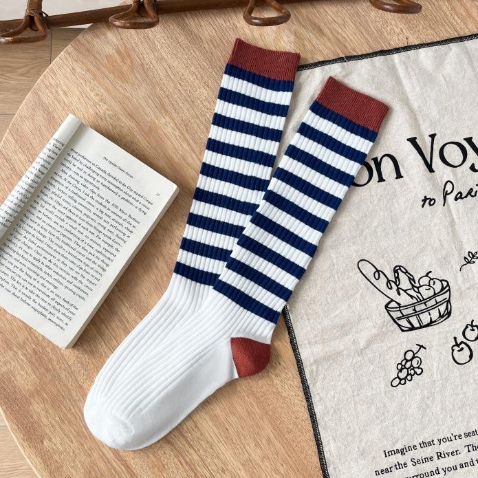 White Double Needle Striped Calf Socks Combed Cotton Japanese Retro Women'S Medium Tube Socks College Cotton Socks