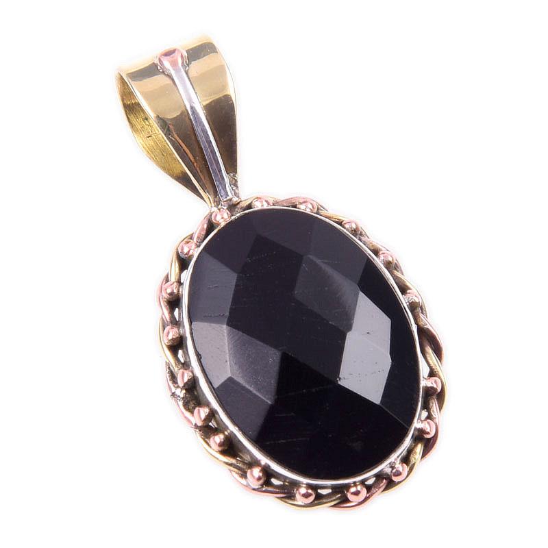 Pendente Bicolore in Argento Sterling Massiccio 925 con Pietra Preziosa Onice Nero Naturale 1,25" P2q08