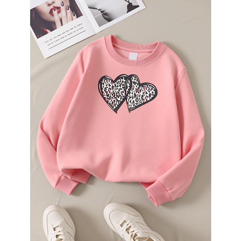 Heart Pattern Print Design Girls' Crew Neck Fashion Sweatshirt, Autumn and Winter Western Style Top, Children's Long Sleeved T-shirt