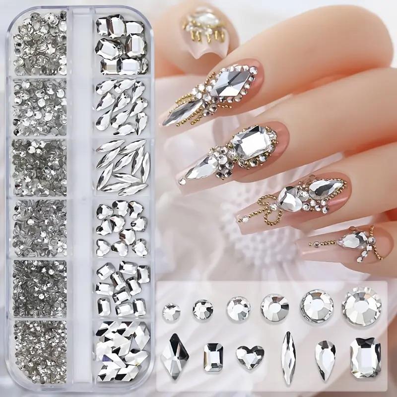 3D Nail Art Rhinestones 12-Grid Super-Shiny Flatback Rhinestones Decorative Nail Art Adhesive Multiple Shapes Diy Nail Designs