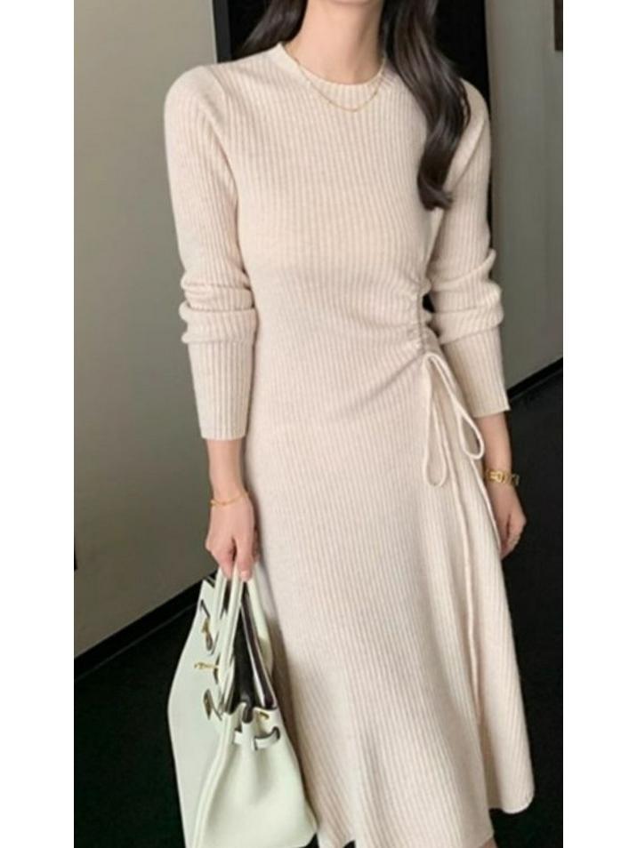 2024 Hepburn Style French Knit Dress with Drawstring Waist and Sweater Coat - Women's Autumn/Winter Fashion