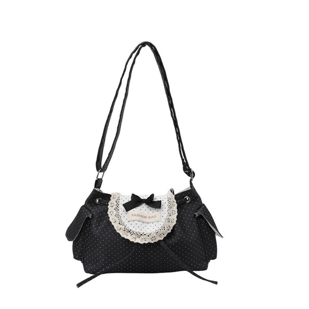 Korean Style Polka Dot Shoulder Bag Canvas Retro Underarm Bag Lace Bow Crossbody Bag Girls