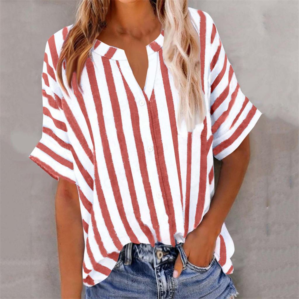 Women's Fashion Loose-Fit V-Neck Button-Down Striped Contrast-Color Short-Sleeve Shirt