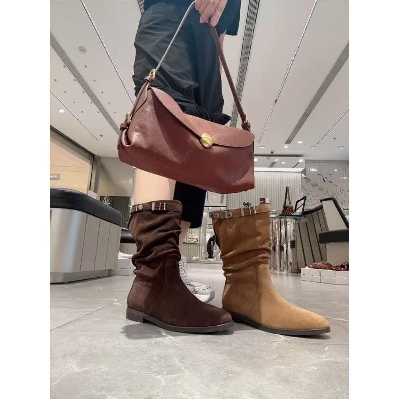 Cowhide Edition Wilderness Pastoral Vintage Western Boots 2025 Autumn and Winter Boots Versatile Flat-bottomed Knight Boots Pleated Pile Boots