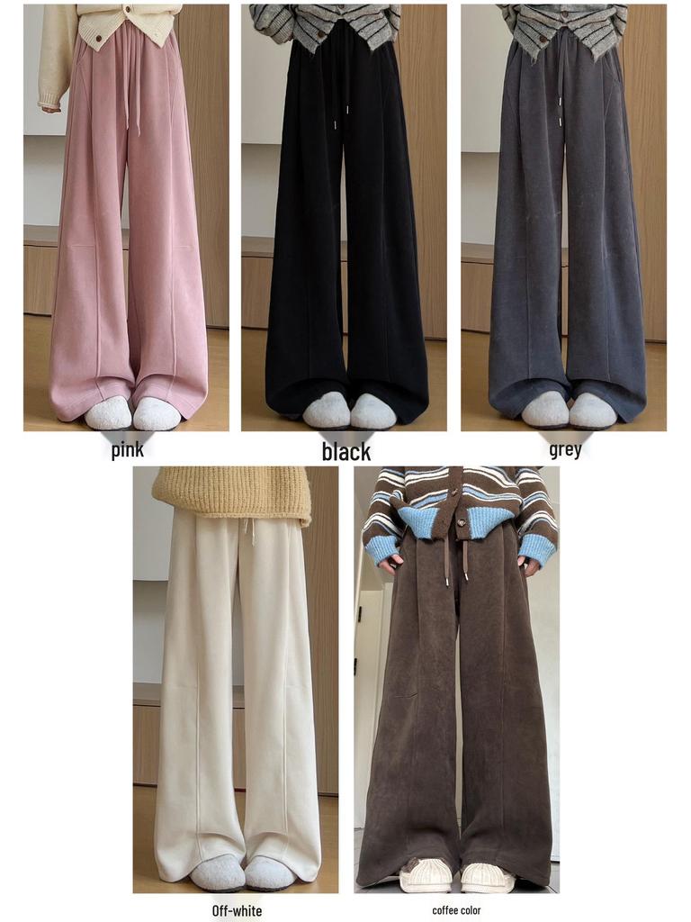 Women's High-Waisted Gray Corduroy Wide-Leg Pants - Autumn/Winter Plus Velvet Thickened Long-Leg Sports Sweatpants