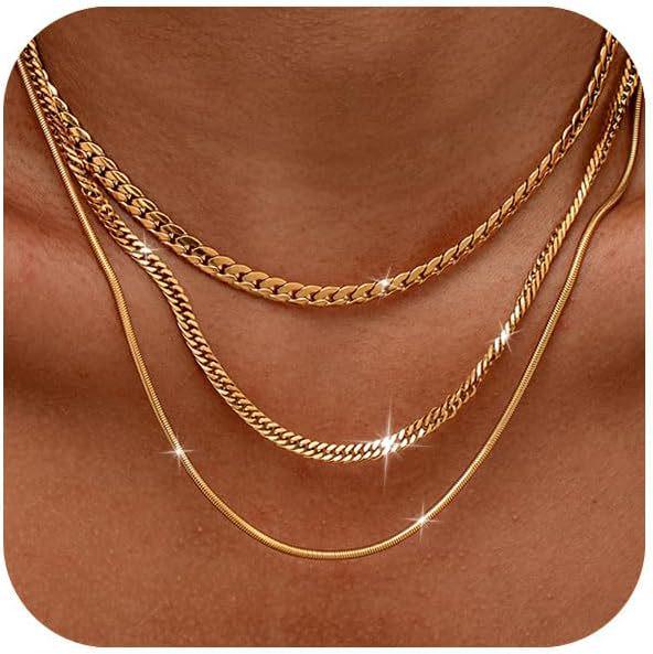 

Женский многослойный чокер-ожерелье с золотым покрытием - Набор из 3 минималистичных цепочек кубинского плетения и скрепки