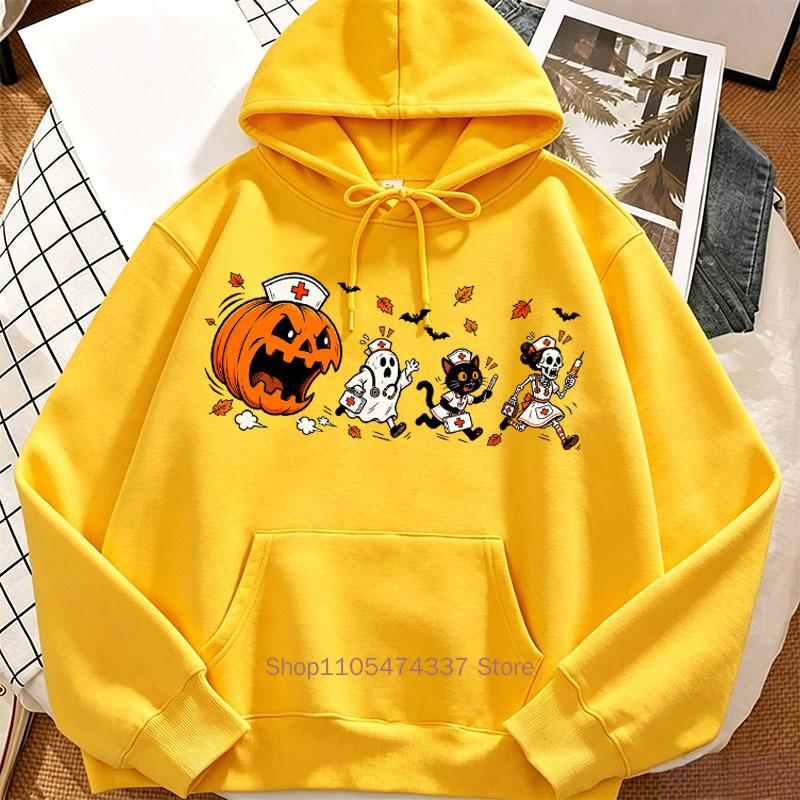 Retro Halloween Theme Hoodie Women Fall Winter Casual Fashion Funny Vintage High Quality Long Sleeve Fleece Pullover Sweatshirts