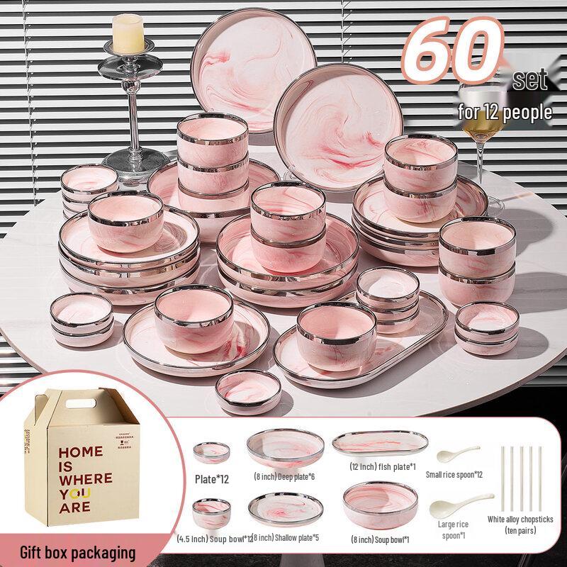 Pink Marble 60-Piece Ceramic Dinnerware Set