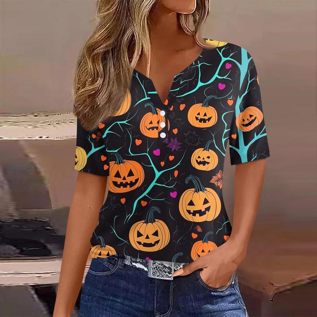 Women's T Shirt Tee Halloween Printed Button Short Sleeve Tunic Daily Weekend Fashion Basic V- Neck Regular Top