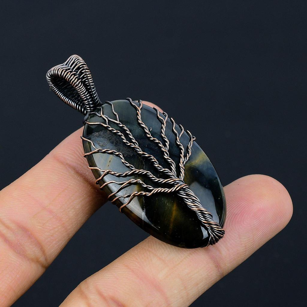 Blue Tiger Eye Pendant, 999 Copper Wire Wrapped Pendant Jewelry. Gift For Women Handmade Pendant Gemstone Jewelry