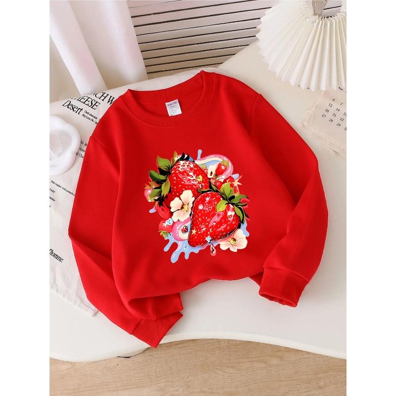 European sizes Kids' Crewneck Sweatshirt | Strawberry Floral Sparkle Pattern, , Sportswear and Casual Wear, Soft and Comfortable, Clothing, Teenagers