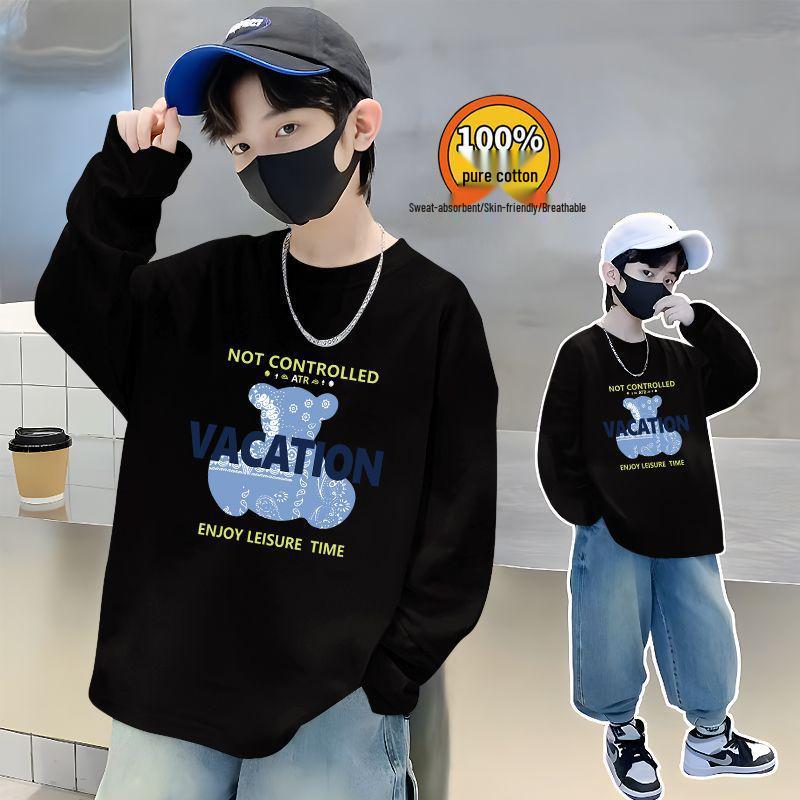 Trendiges Herbst-Baumwoll-Langarmshirt für Jungen - Lässiger lockerer Schnitt mit stylischem Buchstabenaufdruck